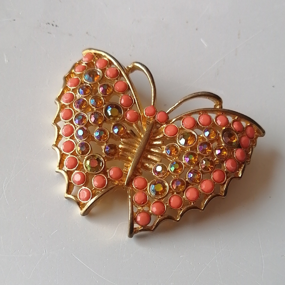 Vintage 1960s Butterfly Brooch Faux Coral Topaz AB Crystals Openwork